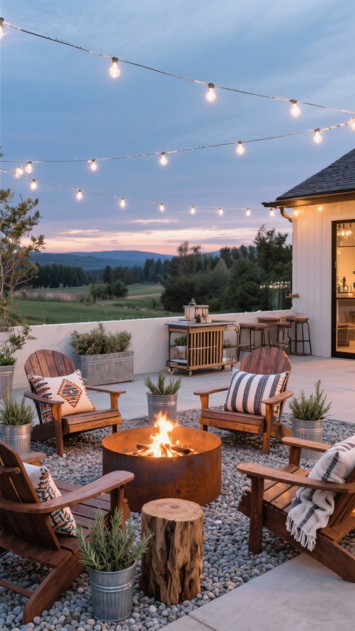 Rustic-modern patio, twilight wide shot: a concrete or corten steel fire pit surrounded by stained cedar Adirondack chairs on pea gravel; warm white cafe string lights overhead; outdoor kilim pillows and striped throws on chairs; galvanized planters with rosemary, a slatted bar cart, and a teak stump side table; cozy firelight mixed with dusk sky.