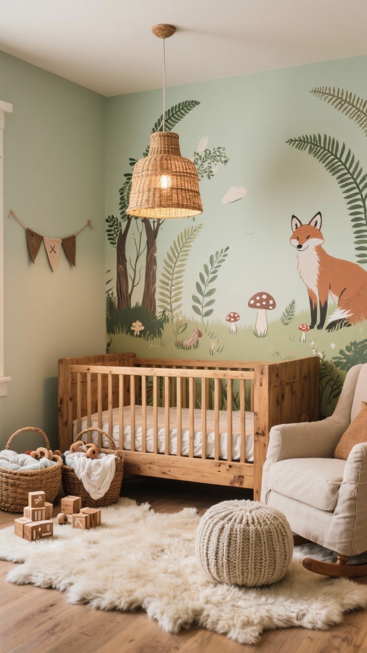 Rustic nursery closeup/detail: warm wood crib against gentle sage walls with a storybook woodland mural featuring ferns, foxes, and tiny mushrooms; shearling rug in foreground, a slipcovered glider edge visible with a knit pouf; rattan pendant overhead casting warm light; baskets with swaddles and toys, wooden blocks and a felt pennant adding whimsy; soft, warm ambient glow.