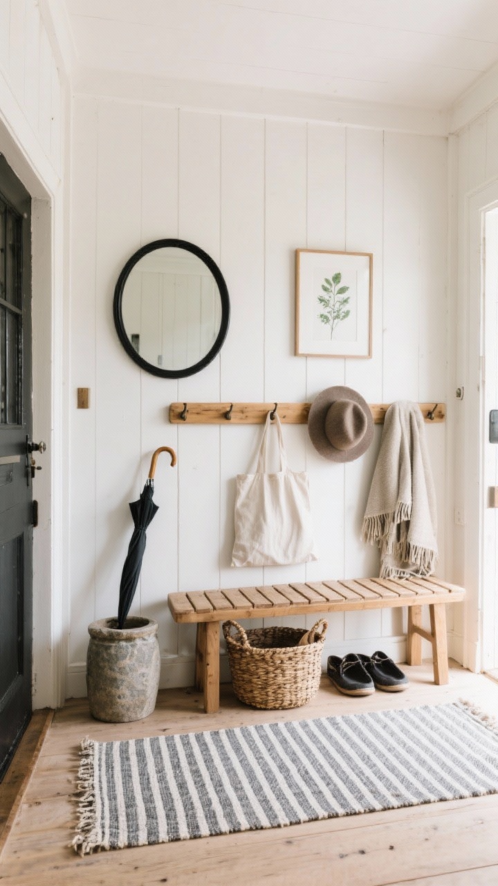 Scandinavian rustic entryway, straight-on medium shot: warm white walls, a striped indoor-outdoor runner, a long wooden peg rail with a felt hat, linen tote, and cozy throw; slatted oak bench with a woven basket for shoes beneath; a round black-framed mirror above a stone crock umbrella stand; a single framed botanical print; bright, diffused natural light.