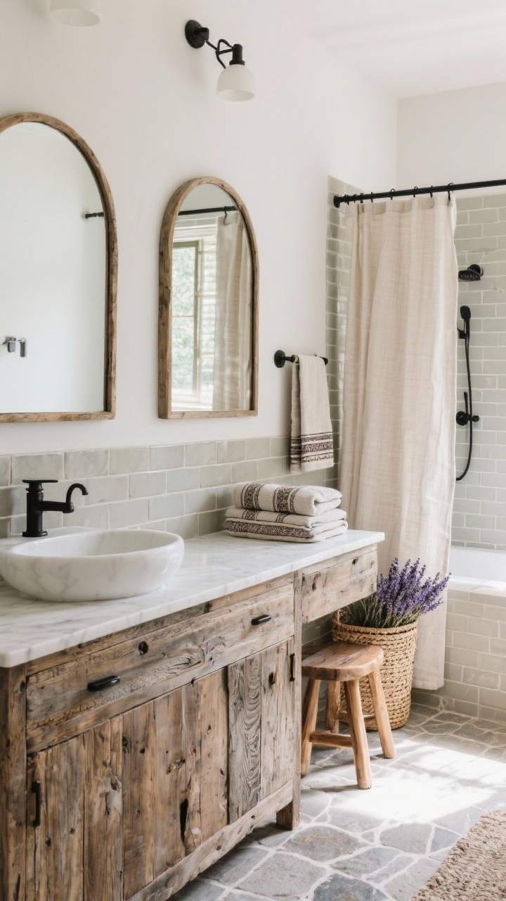 Serene rustic spa bathroom, medium shot: a weathered wood vanity with white quartz top and a vessel sink, matte black faucets, and paired arched mirrors; stone-look porcelain tile floor, stacked subway tile in shower; linen shower curtain, Turkish towels neatly folded, cedar bath stool with dried lavender bundle atop; woven hamper; soft, spa-like daylight.