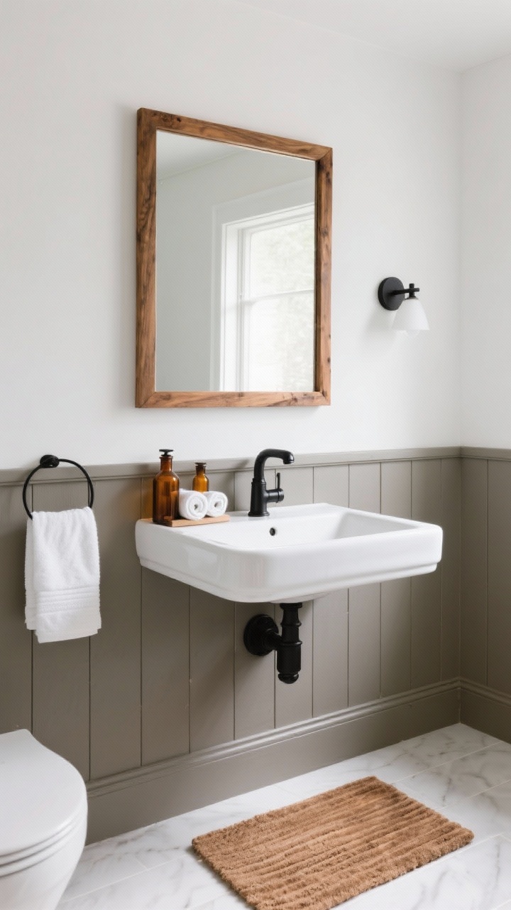 Straight-on bathroom shot showing modern rustic contrast: lower walls clad in board-and-batten painted warm gray, upper walls crisp white. A wood-framed mirror over a sink with a black faucet and a simple sconce. Style with amber apothecary bottles, rolled white towels, and a teak bath mat. Materials MDF trim, matte black metal, teak; clean bright lighting, photorealistic.