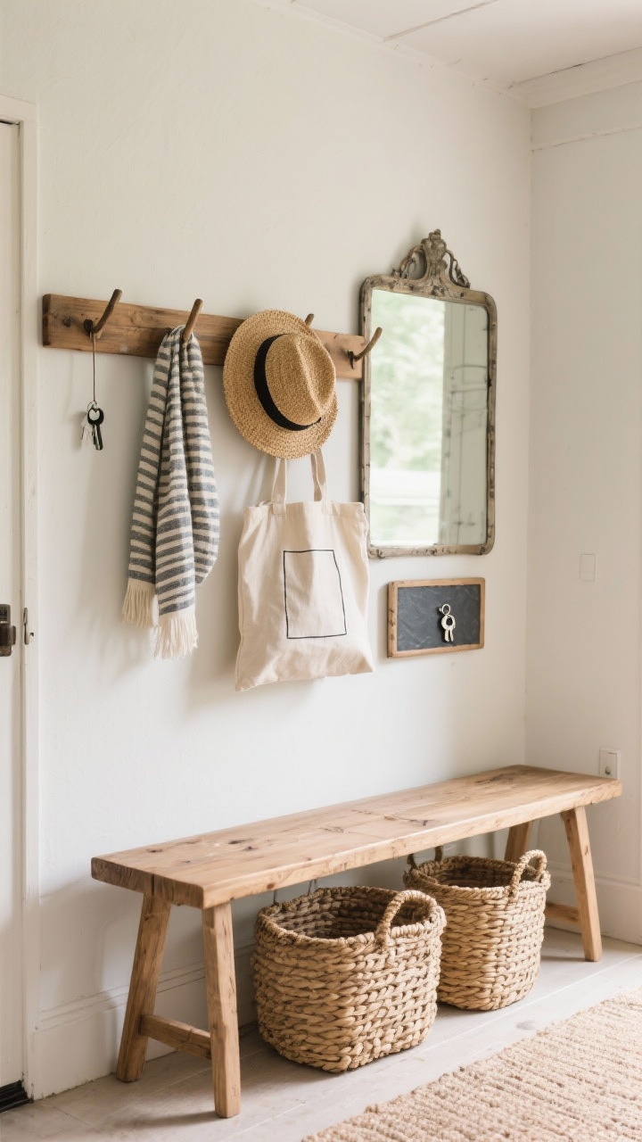 Straight-on detail/medium shot of a rustic entryway: a wooden peg rail running across a softly painted wall, a skinny bench with a woven basket underneath. Pegs hold straw hats, a canvas tote, and a striped scarf; a vintage mirror and a slate tray for keys complete the vignette. Materials pine/oak, natural fiber basket, slate; diffused daylight, photorealistic.