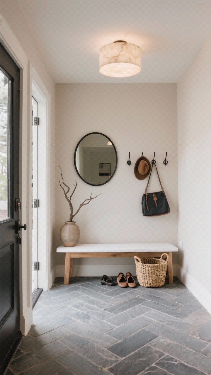 Straight-on entryway view: slate tile floor in a herringbone pattern; simple white oak bench beneath a round black-framed mirror; forged iron hooks in a row for hats and bags; chunky woven basket for shoes; single sculptural branch in a ceramic urn; walls in soft mushroom; semi-flush alabaster ceiling fixture providing a warm wash of light; clean, minimal styling.