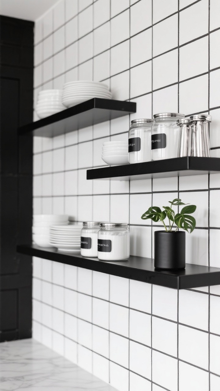 Straight-on medium shot: Graphic high-contrast wall of white square tile with deep charcoal grout forming a bold grid. Powder-coated black shelves hold clear canisters with black labels, crisp white dinnerware, chrome accents, and a single plant in a black cylinder pot to soften lines. Even, bright lighting emphasizing the grid pattern, no people.