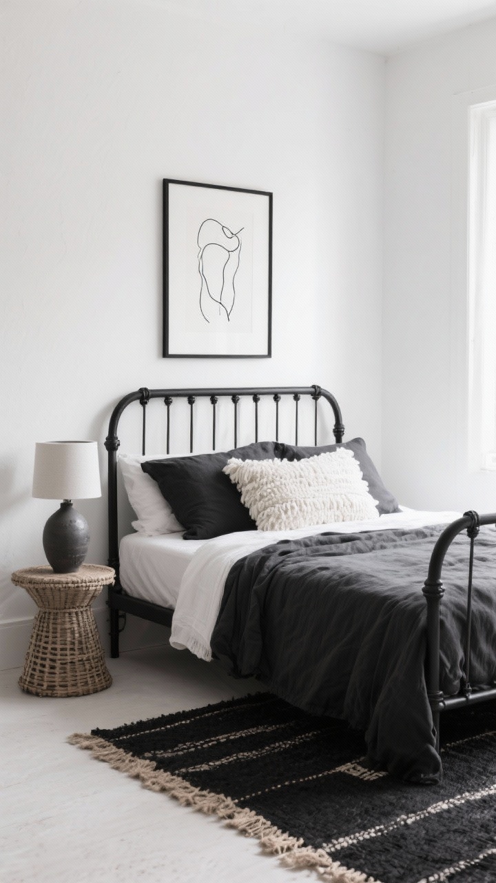 Straight-on medium shot, Monochrome Minimal Boho: chalky white walls with a matte black spindle bed; black-and-white palette throughout; charcoal linen and ivory boucle pillows stacked; black jute rug; simple black-and-white line art print above the bed; ceramic table lamp and a woven stool; limited decor with emphasized texture; soft natural side light, photorealistic.