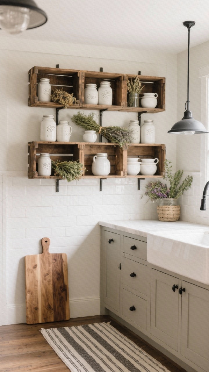 Straight-on medium shot of a farmhouse kitchen wall featuring open crate shelving: wood crates mounted as modular shelves filled with white stoneware, mason jars, and bundles of dried herbs. Greige cabinets below with black iron pulls, a butcher block cutting board leaned against the backsplash, and a striped runner on the floor. Color palette greige, creamy white, black metal; clean natural daylight, photorealistic.