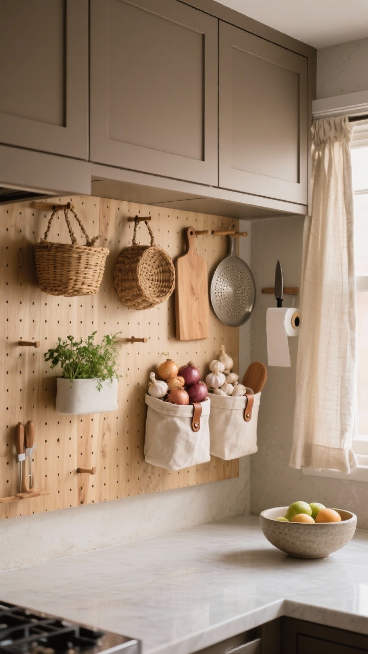 Straight-on medium shot of a Japandi pegboard pantry wall: beige microcement walls, a full natural oak pegboard hosting cutting boards, colanders, baskets, a small herb planter; linen bins with leather pulls on deeper pegs holding onions and garlic; matte taupe cabinetry below, wall-mounted paper towel arm, narrow knife magnet; soft linen curtains at the window and a stoneware fruit bowl on a clear counter; warm diffused light.