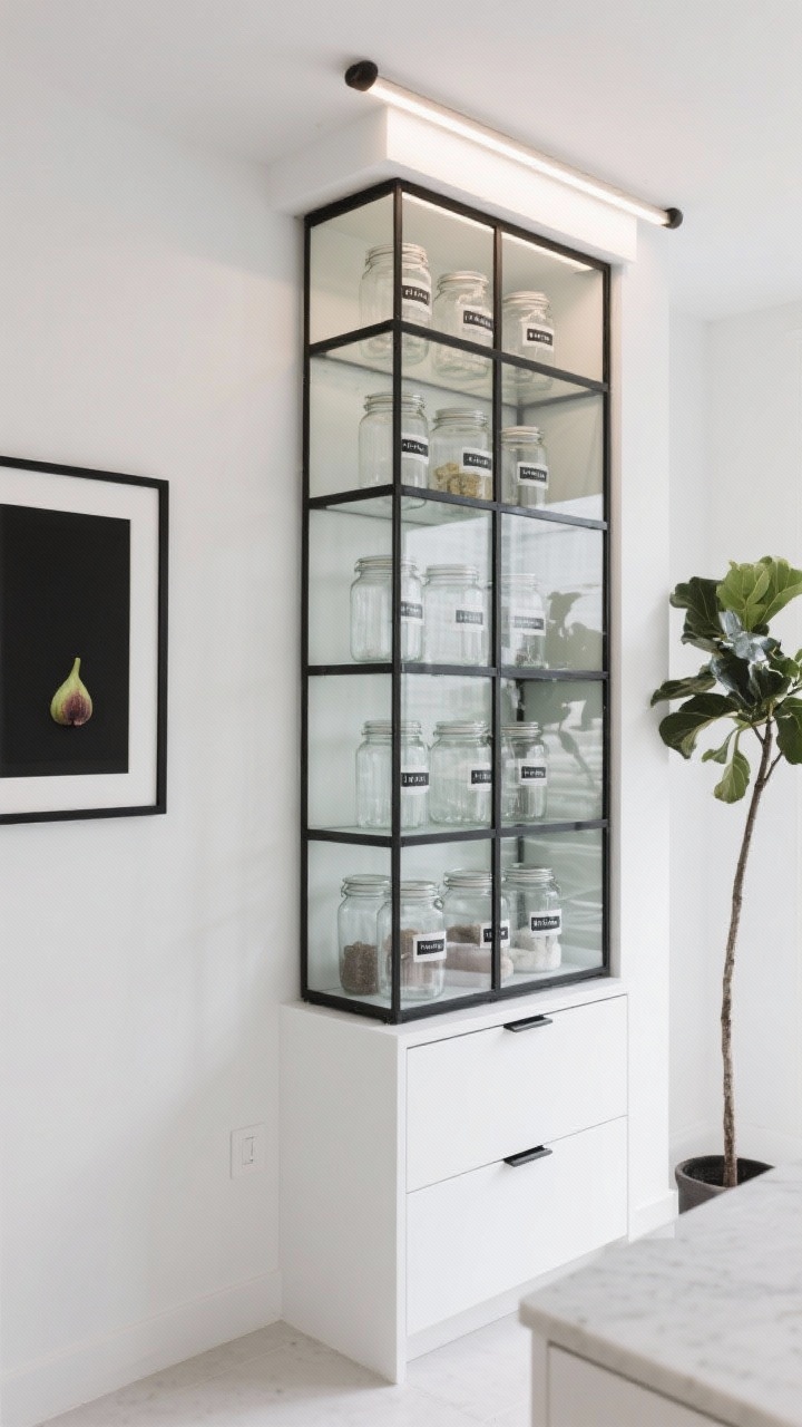 Straight-on medium shot of a minimal glass-and-grid pantry tower: white slab cabinets, black metal-framed glass pantry tower filled with precisely stacked glass jars with crisp monochrome labels; a rail-light strip floating above to spotlight shelves; handle-less lower drawers closed, hiding bulky items; black framed print on the wall and a slim fig tree nearby; clean, graphic, gallery-like illumination.