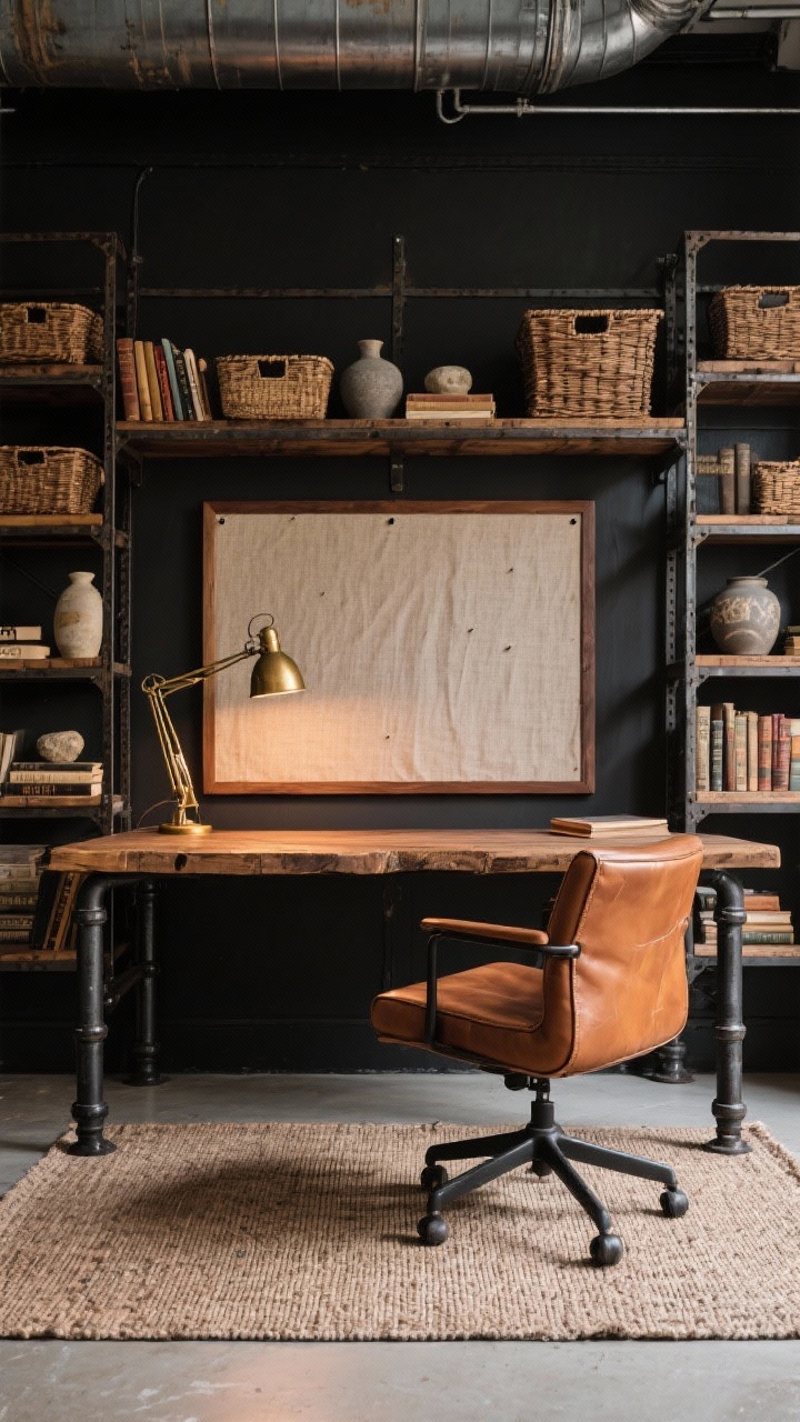 Straight-on medium shot of an industrial rustic office: reclaimed-wood desk with black pipe legs, cognac leather swivel chair, back wall of open metal-and-wood shelves filled with baskets, vintage books, and stoneware, flat-woven rug on the floor, aged brass task lamp illuminating the desk, a large linen-backed pinboard with wood frame; espresso, black, cognac, and brass tones; warm task lighting.