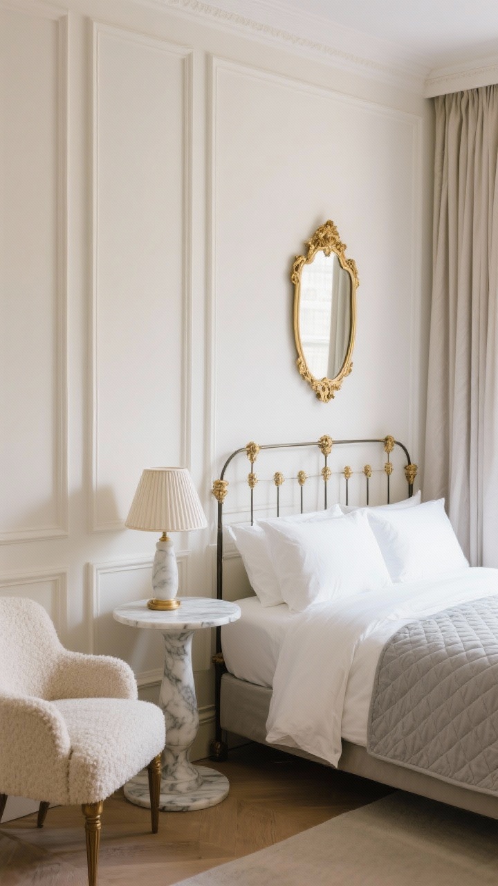 Straight-on medium shot, Parisian Petite Suite: soft ivory walls with faux panel molding framing the bed wall. A slim antique-style iron bed with crisp white sheets and a dove gray quilted coverlet. A marble-topped pedestal table stands in as a nightstand with a fluted lamp; a gilded mirror hangs above the headboard. Floor-to-ceiling linen curtains and a petite bouclé chair tucked into the corner; subtle antique gold accents; soft daylight glow; no people.