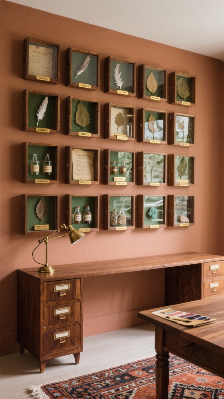 Straight-on medium wall of apothecary-style labelled shadow boxes: grid of boxes filled with pressed leaves, feathers, tiny bottles, mineral samples; each with tiny brass label; warm clay wall color to make collections pop; mid-tone wood desk below with banker’s lamp; kilim rug peeking in frame; palette clay, walnut, brass, forest green; textures glass, aged paper, wood, wool; warm task lighting.