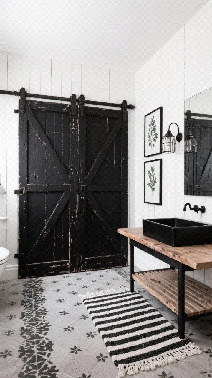 Straight-on medium-wide shot of a black-and-white rustic bathroom: crisp white vertical shiplap walls, black-and-white patterned cement tile floor, and distressed barn doors on black sliders as a focal point; matte-black console sink with slatted wood shelf below; industrial cage sconces; striped cotton rug and black-framed botanical prints; sharp contrast with even, bright lighting; photorealistic.