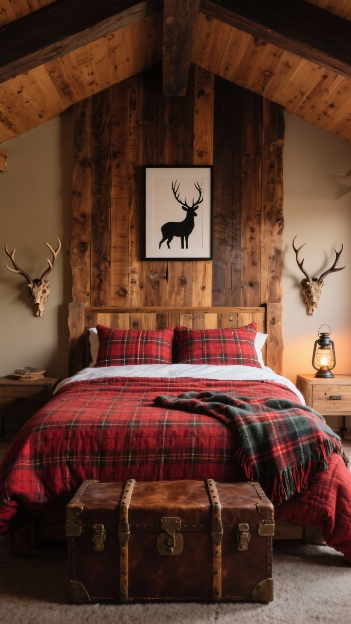 Straight-on, medium-wide shot of a timber lodge loft bedroom: tall timber headboard in rich walnut, walls painted warm greige, antler-style sconces (faux) flanking the bed, deep red plaid duvet with a wool tartan throw, leather-topped trunk at the foot of the bed, simple black-framed stag silhouette art above; classic camp lantern on the nightstand; cozy, lodge-like evening lighting.