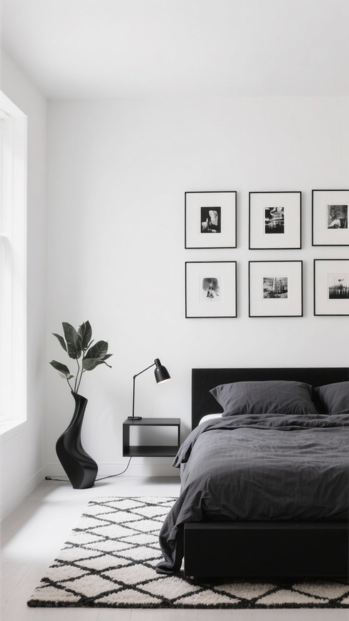 Straight-on wide shot: A modern monochrome gallery bedroom with cool white walls, a black platform bed dressed in charcoal linen bedding, a floating nightstand, and a matte black reading sconce; a striking gallery wall of black-and-white prints in simple frames above the bed, a geometric rug underfoot, and a single sculptural plant; crisp daylight for a graphic, pared-back feel, photorealistic.