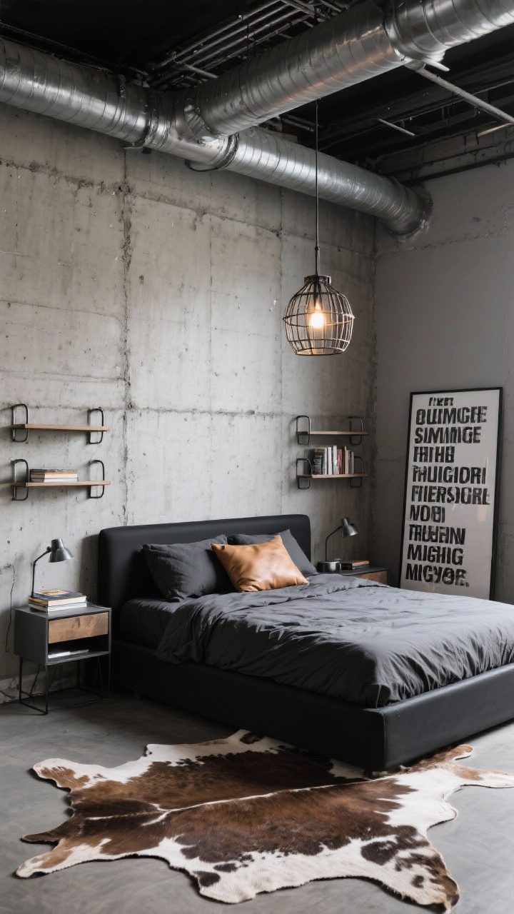 Straight-on wide shot, Urban Industrial Micro-Loft: concrete-look walls, a black low-profile bed with charcoal bedding, and a camel leather throw pillow for warmth. Pipe shelving flanks the bed as nightstands holding a few metal and book accents. Overhead, a caged pendant casts industrial light. A cowhide rug layered over a flatweave adds dimension; a large typographic print leans against the wall; gritty yet polished; no people.