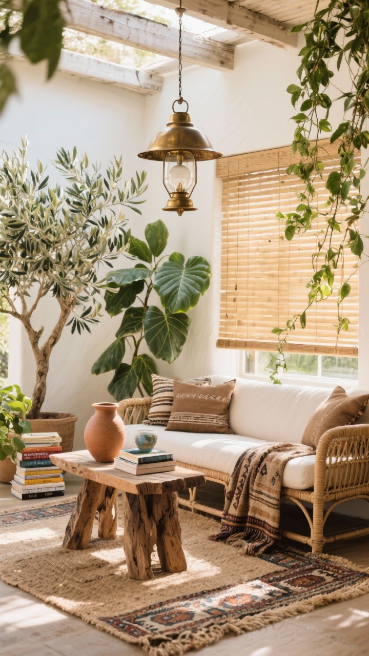 Sun-drenched boho-rustic sunroom, medium shot: low-profile rattan sofa with mudcloth pillows, a raw-edge wood side table, layered rugs (jute base with vintage kilim on top), bamboo shades filtering light; oversized plants—olive tree, rubber plant, trailing pothos—framing the scene; a bronzed lantern pendant overhead; a clay vase and a small stack of travel books; airy, natural daylight.