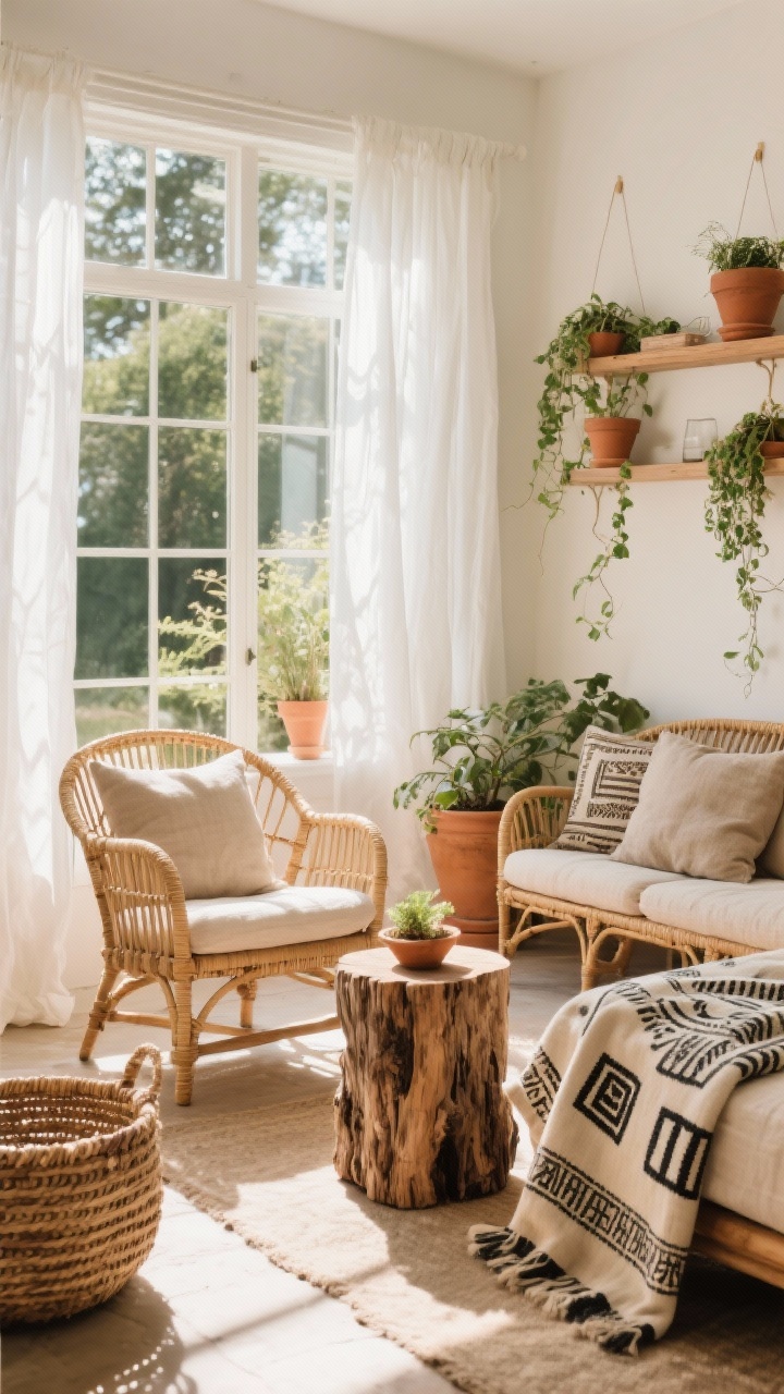 Sun-drenched wide shot of a relaxed sunroom: rattan chairs with raw linen cushions, a tree stump side table, sheer white drapes softening the light, terracotta pots with trailing plants. Add a block-printed throw and woven baskets for global rustic texture. Materials rattan, linen, terracotta, raw wood; airy afternoon light, photorealistic.