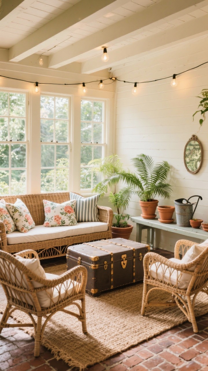 Sunroom medium shot with gardenhouse charm: rattan settee piled with floral and stripe cushions, two wicker lounge chairs around a round antique trunk table, painted brick floors layered with a jute rug, a slim potting bench used as a console topped with terracotta pots and a vintage watering can; fern, clay, cream, honey palette; café lights strung across ceiling beams; gentle filtered daylight.