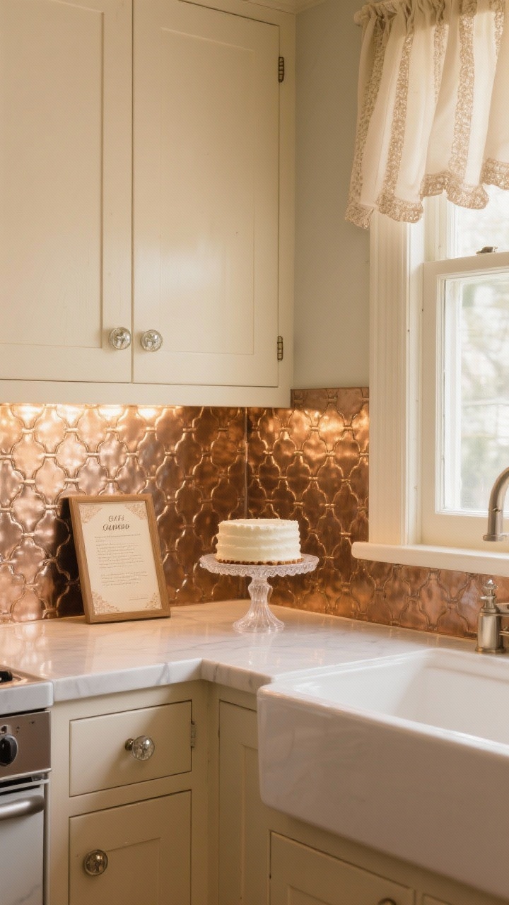 Vintage charm wide shot: warm metallic pressed tin-style backsplash panels in champagne/soft bronze sparkling under under-cabinet lights, cream cabinets with glass knobs, a cafe-curtain window filtering light, styled with a small framed recipe card and a milk-glass cake stand on the counter; cozy, nostalgic ambiance, straight-on view.