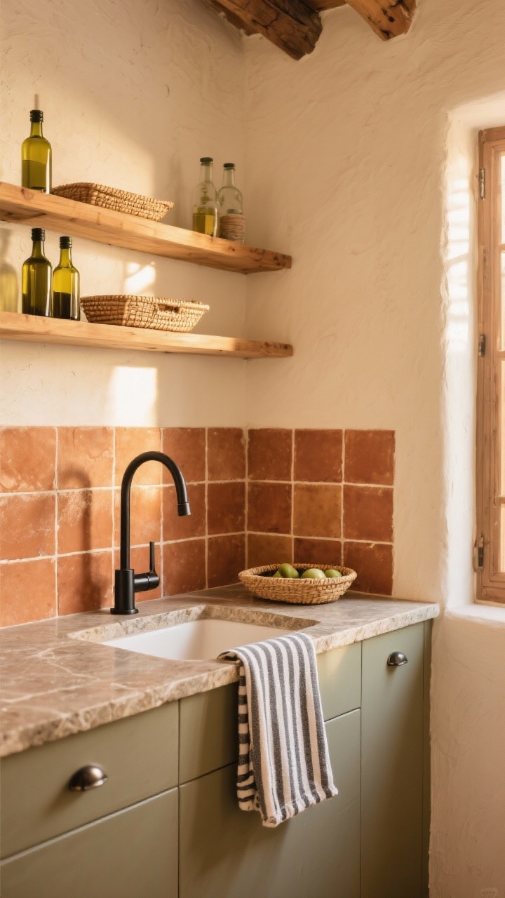 Warm Mediterranean-inspired wide shot: sun-baked terracotta square tile backsplash with rich texture, creamy plaster-hued walls, open pine shelving styled with olive oil bottles and a woven tray, stone-look laminate countertop, brushed nickel or black hardware, a striped hand towel draped near the sink; late-afternoon golden light, corner angle to show depth and materials.