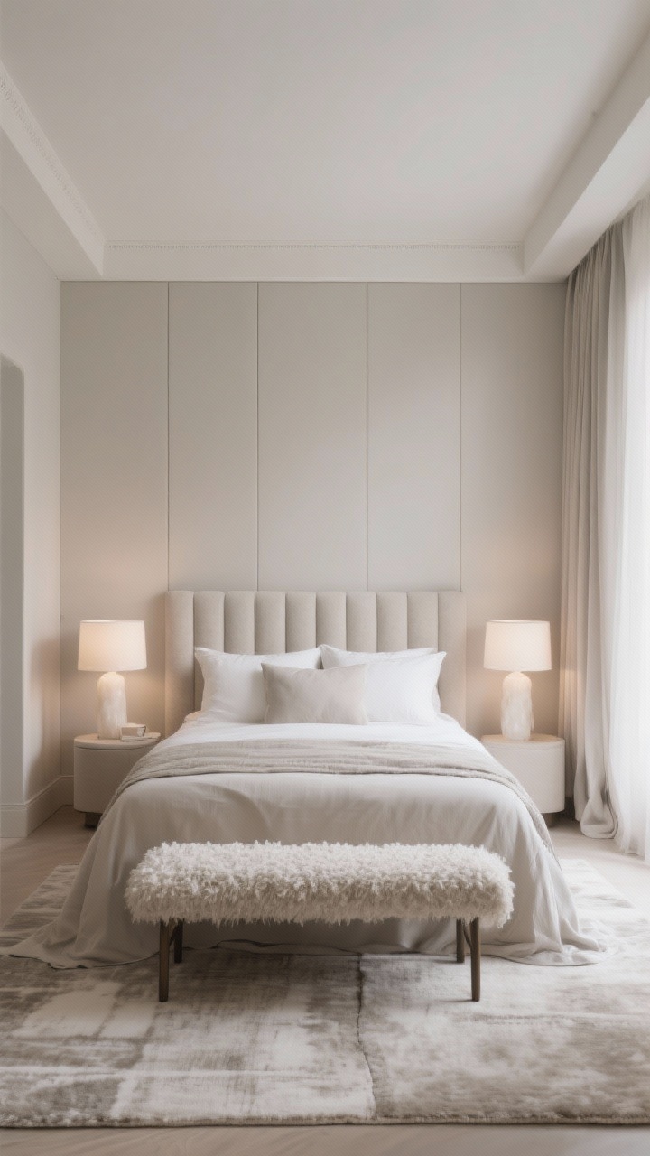 Wide “soft monochrome cloud” room: single hue—warm greige or soft dove—layered on walls, bedding, drapery, and rug; varied textures for depth; upholstered wall panels behind the bed, alabaster lamps glowing softly, boucle bench at the foot; no harsh contrasts, just cohesive calm; diffuse overcast light for a floating, ethereal feel.