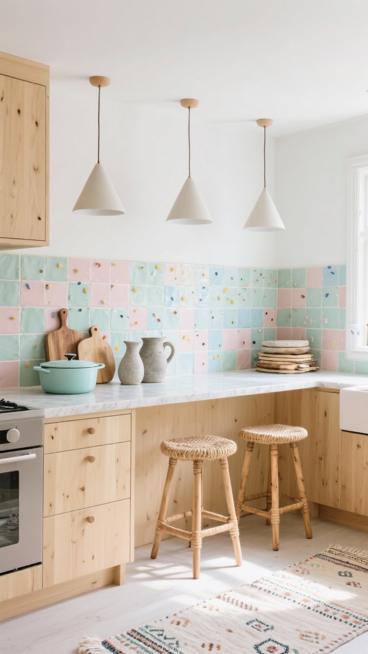 Wide, airy Boho Scandi kitchen: flat-front blonde wood cabinets, pale quartz countertop, backsplash of randomly mixed pastel-glazed tiles in mint, blush, and sky for a confetti feel, trio of simple cone pendants, natural wood bar stools with woven seats, styling with stoneware pitchers, stacked chopping boards, a pastel Dutch oven, and a pale kilim runner tying the palette, bright Scandinavian daylight, photorealistic.