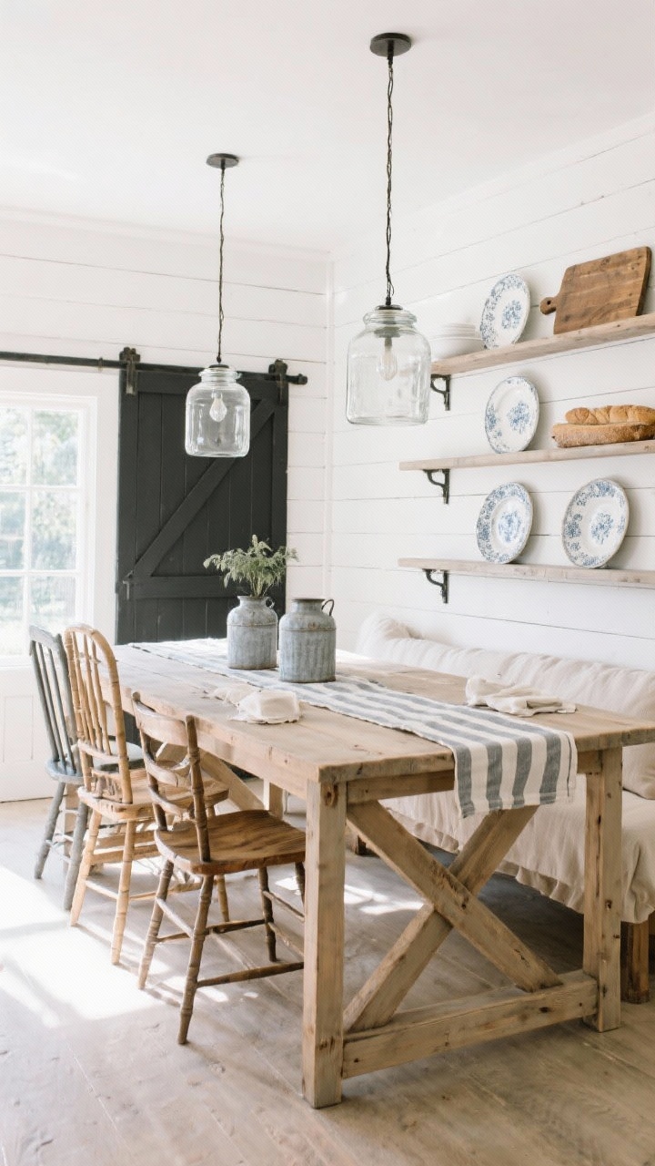 Wide, airy farmhouse dining room with white shiplap walls and a bleached oak trestle table on a striped cotton runner, mix of ladder-back chairs and a comfy slipcovered bench, open shelves styled with white ironstone plates, two oversized glass jar pendants for sparkle, vintage bread boards and galvanized metal vases with linen napkins; palette crisp white, pale oak, soft gray, barley beige; a black-framed barn door for contrast; bright natural morning light.