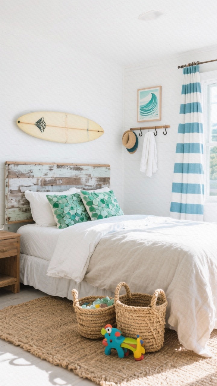 Wide angle “Coastal Surf Shack” bedroom: white walls with sea-glass green accents through pillows/art, weathered wood headboard, mini surfboard or surf-inspired art above the bed, jute rug underfoot, linen-blend bedding for airy texture, woven rope baskets for toys, striped curtains in blue and white by the window, wall-mounted hook rail with towels and hats, bright sunlit breezy atmosphere.