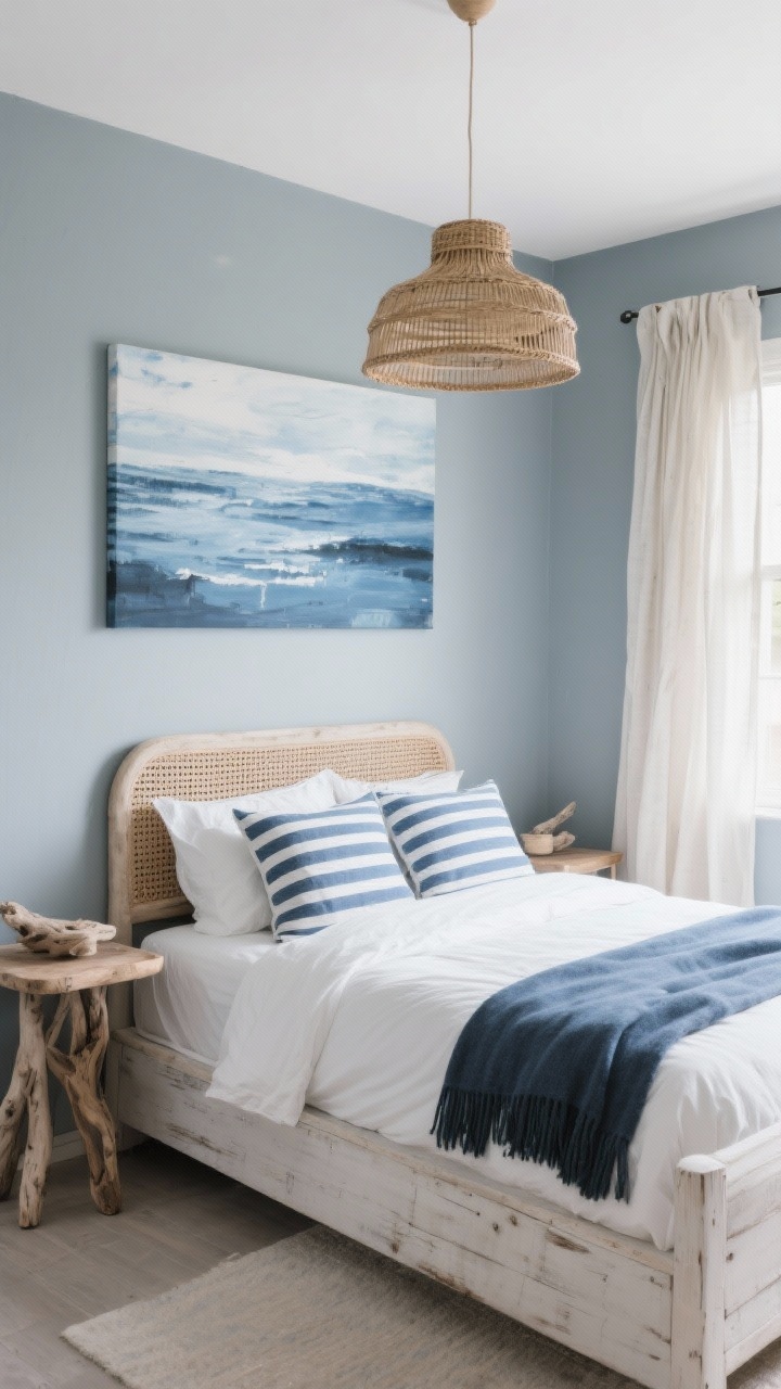 Wide angle, corner view: Coastal Nordic guest room with misty gray-blue painted walls, a whitewashed wood bed with a cane headboard; crisp white bedding layered with indigo striped pillows and a slate blue throw; driftwood-tone nightstands, rattan pendant overhead, and a light linen curtain moving slightly as if catching a sea breeze; abstract coastal blue canvas art; palette of misty blue, white, and driftwood.