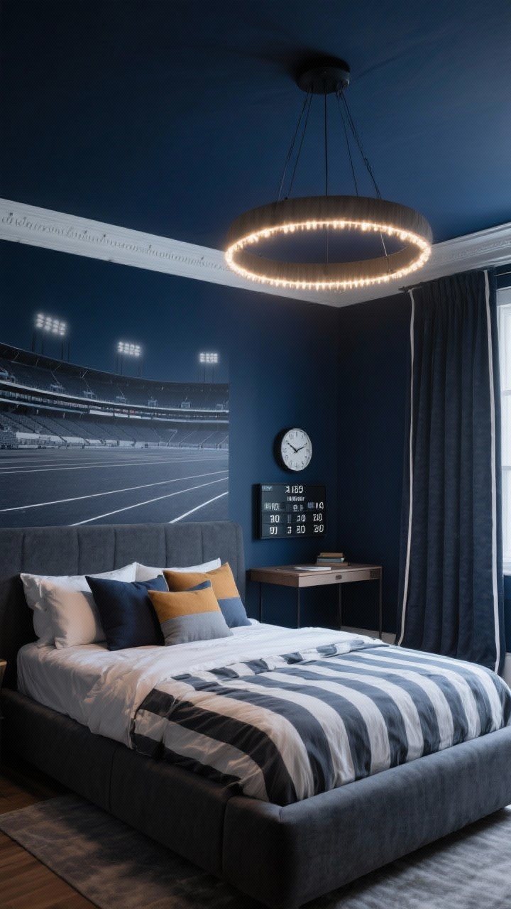 Wide angle corner view: Moody bedroom with deep navy walls and a subtle stadium panoramic mural behind the headboard. Ringed pendant light mimicking stadium lights overhead, with concealed string LEDs glowing from behind crown molding. A low upholstered charcoal bed, crisp striped bedding and color-blocked pillows, a scoreboard-style clock mounted above a compact desk. Palette navy, charcoal, bright white; matte paint and soft flannel textures; blackout curtains with white piping like jersey trim. Evening ambiance with soft highlights.