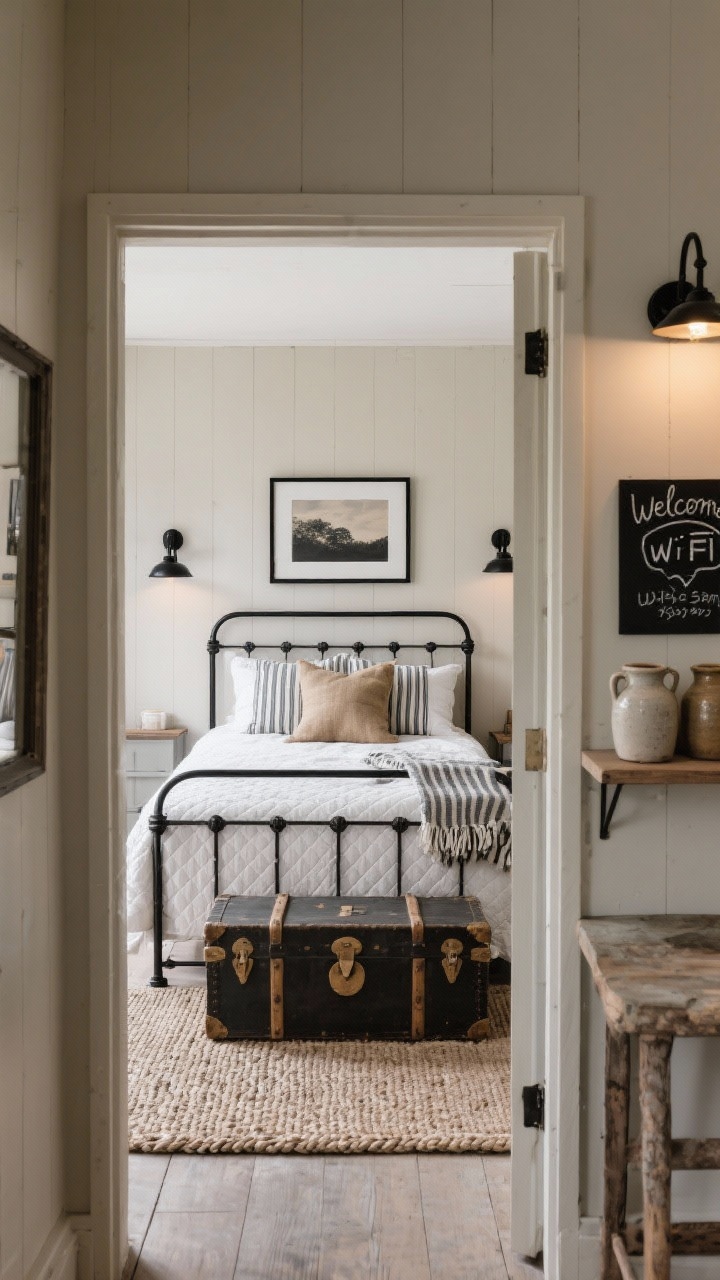 Wide angle from doorway: Farmhouse cottage with soft greige walls, black metal bed, and white quilted bedding; grain sack pillows and a striped cotton throw; black-framed artwork and matte black sconces; vintage trunk at the foot doubling as bench; neutral braided rug; stoneware jugs on a simple shelf; chalkboard welcome note with Wi-Fi details; rustic-meets-graphic mood with balanced natural and sconce lighting.