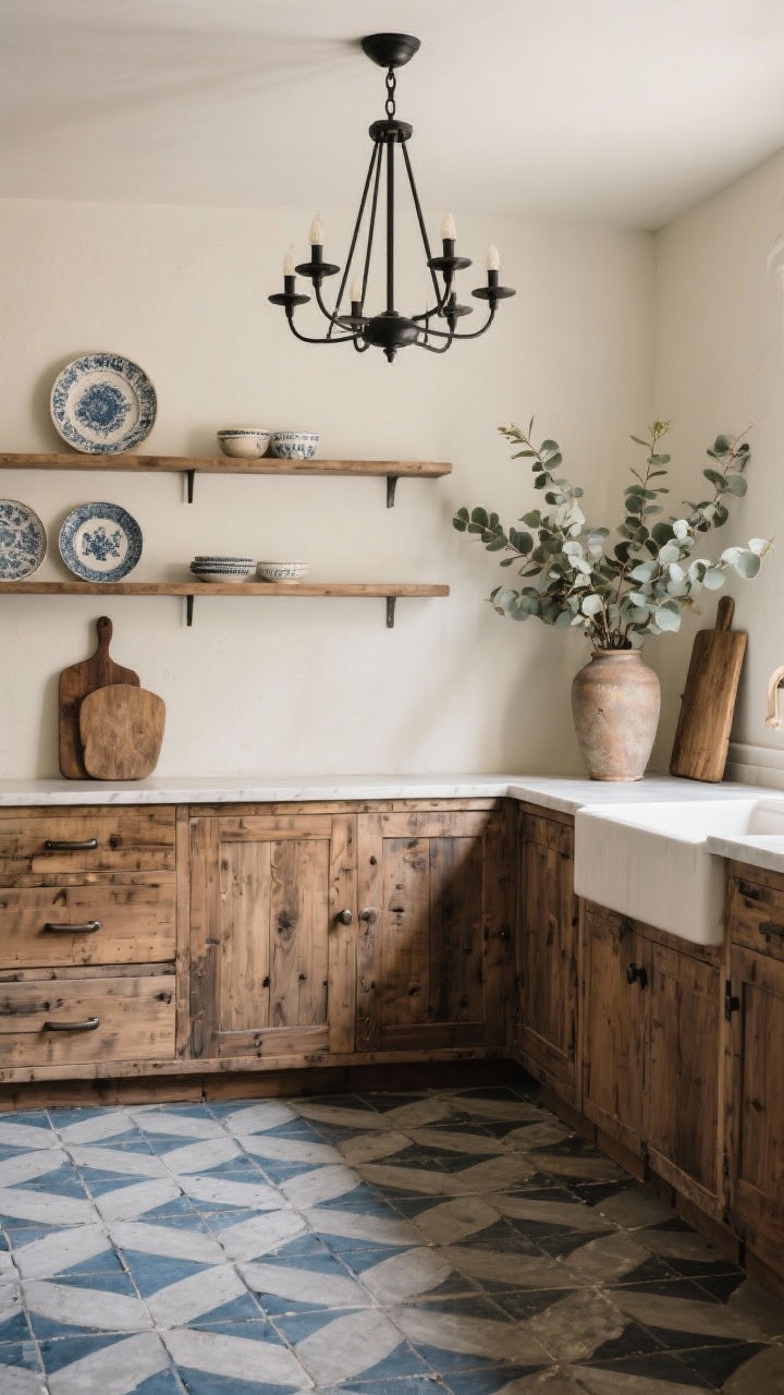 Wide angle of a vintage wood + patterned cement tile kitchen: medium-toned reclaimed-wood-look cabinetry with simple pulls, dramatic geometric patterned cement tile floor in inky blue and dove gray, creamy plaster-look walls, long thin floating shelves styled with ironstone plates, antique cutting boards, and a tall vase of eucalyptus, overhead black metal chandelier with slender arms, balanced warm lighting, photorealistic.