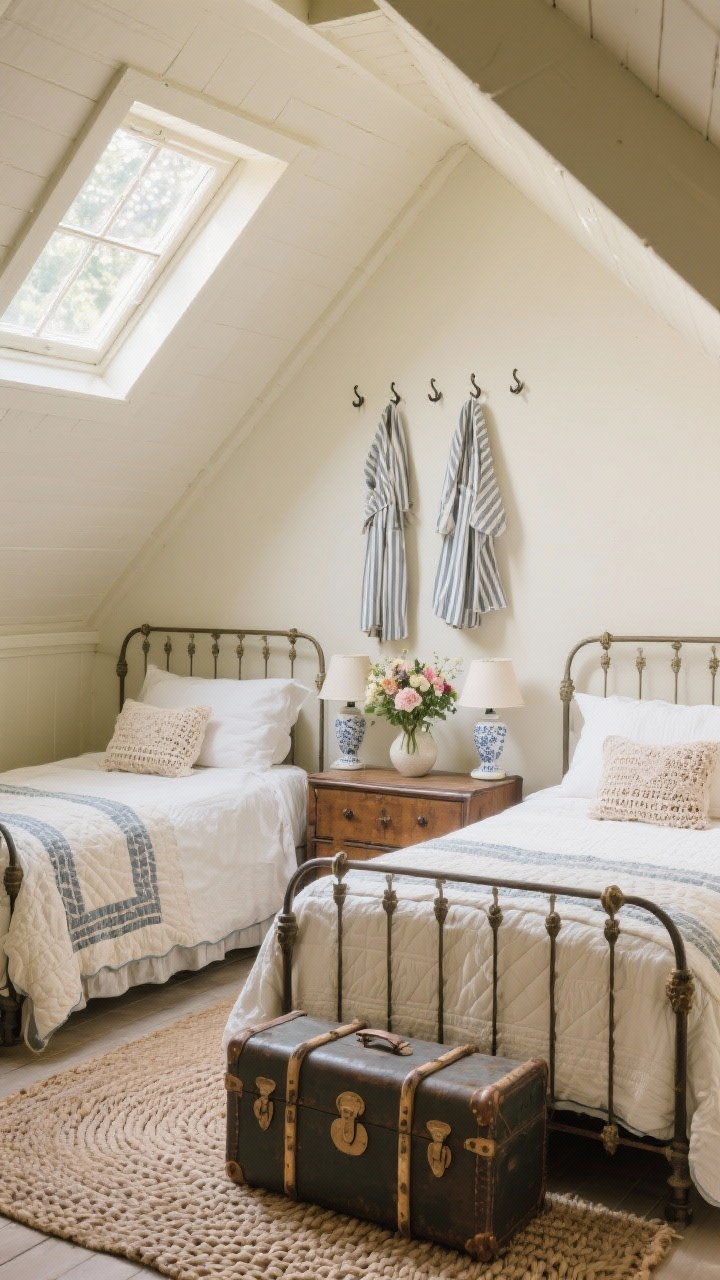 Wide attic guest room: Angled ceilings painted buttermilk; twin iron beds topped with hand-stitched quilts and ticking stripe accents, crochet pillowcases; soft braided rug in muted tones; old steamer trunk at the foot of a bed for storage; wall hooks holding robes; small chest with porcelain-base bedside lamps and a vase of fresh blooms; tiny skylight casting sparkling daylight; cozy nostalgia, photorealistic.
