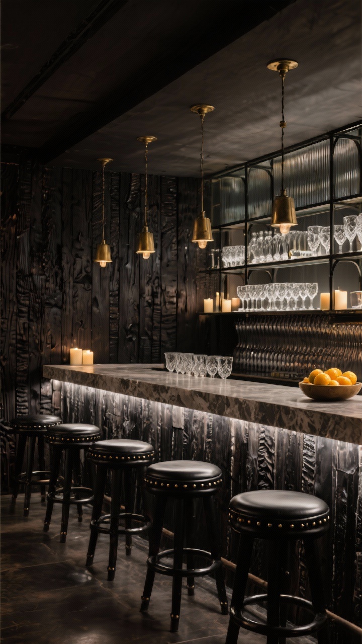 Wide bar interior at night: walls wrapped in charred-wood cladding (shou sugi ban), soapstone waterfall counter; back bar with ribbed glass and iron-framed shelves; low, sultry lighting from aged brass pendants, under-shelf LEDs, and candles; black leather stools with rivet details; cut-crystal glassware on display and a bowl of citrus; smoky, sophisticated vibe, photorealistic, no people