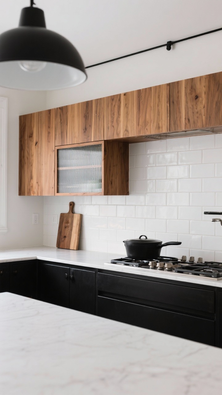 Wide black-and-maple contrast kitchen: black lower cabinets, maple uppers with vertical grain, slim white countertop; maple open shelf and a small butcher block insert near the stove; ribbed glass panel on one cabinet door; matte black pot on the stove; simple stacked white tile backsplash; black linear pendant above; crisp yet cozy; straight-on composition.