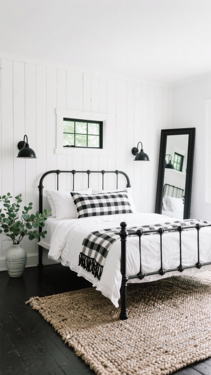 Wide black-and-white farmhouse suite: vertical shiplap feature wall painted white, black spindle bed centered with bright white bedding, black-and-white windowpane throw and striped euro pillows adding graphic pattern, black dome sconces flanking the bed, braided wool rug underfoot, eucalyptus in a simple vase for a hint of green, oversized black-framed floor mirror leaning nearby; strict monochrome with slight green accent; crisp natural light; straight-on shot.