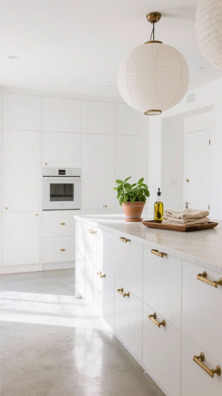 Wide, bright all-white kitchen: all-white cabinets and walls, white microcement floor reflecting abundant daylight, natural brass hardware punctuating the monotone and set to patina, oversized paper lantern pendants providing diffused glow; minimal styling on a white counter—wooden tray with olive oil, fresh basil in a clay pot, neatly stacked beige linen napkins; crisp, luminous atmosphere.