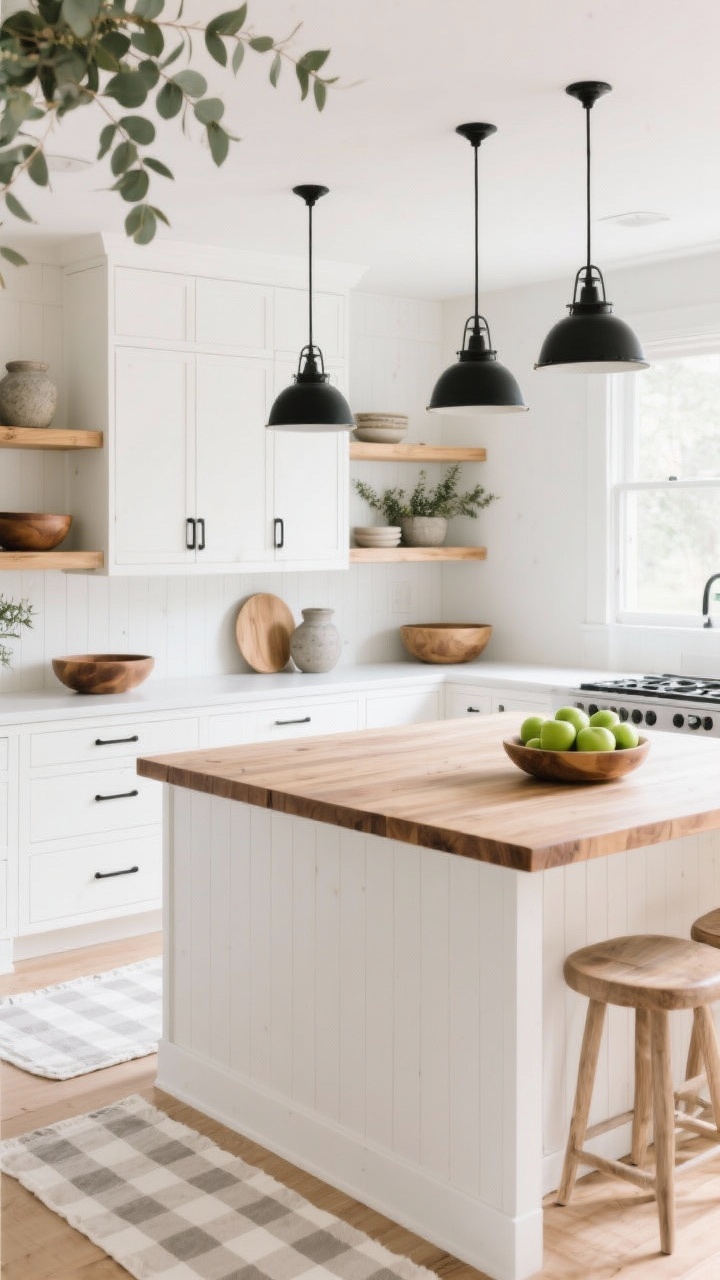 Wide, bright kitchen shot with whitewashed pine flat-front cabinetry, matte black hardware, and a butcher block island with waterfall edges; replace uppers with open oak shelves styled with stoneware, wooden bowls, and sprigs of eucalyptus; trio of black metal pendants over the island; crisp palette of chalk white, oat, and driftwood gray; cream checkerboard runners and a bowl of green apples soften the minimal scene; soft morning light, photorealistic, no people
