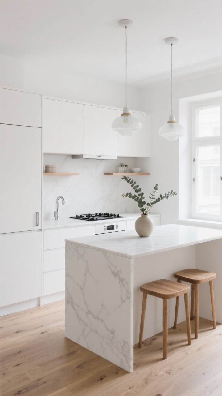 Wide, bright, photorealistic Scandinavian apartment kitchen in cloud-white minimal style: matte white flat-front cabinets, soft honed white quartz counters with faint veining, pale oak plank flooring, slim oak open shelving with a single sprig of eucalyptus in a stoneware vase, brushed stainless pulls, low-profile black induction cooktop, two simple opal glass pendants over a compact white-and-oak island; white walls, uncluttered surfaces, soft morning light through a window, calm and serene atmosphere.