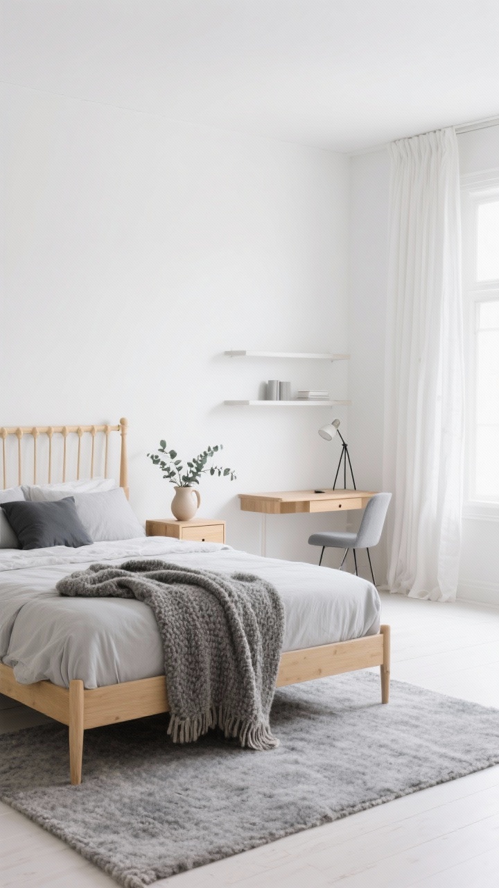 Wide, bright Scandinavian bedroom shot: white walls, blonde wood furniture, spindle bed with pale grey and soft charcoal accents, grey wool rug. Pared-back nightstands, compact desk, tripod lamp, linear open shelves with minimal decor. Boucle throw at the foot of the bed, linen curtains filtering daylight. A ceramic pitcher with eucalyptus on a nightstand. Clean lines, airy mood, soft natural light.
