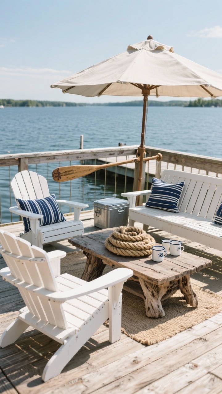 Wide bright shot of a lakeside dock lounge: whitewashed Adirondack chairs and a slatted bench on a wooden dock; striped navy cushions and a canvas umbrella for shade; driftwood coffee table, thick rope coiled as decor, and a vintage oar mounted on the railing; metal cooler and enamel mugs set out; sun-faded, relaxed lake-cabin mood, slight diagonal composition with water backdrop.