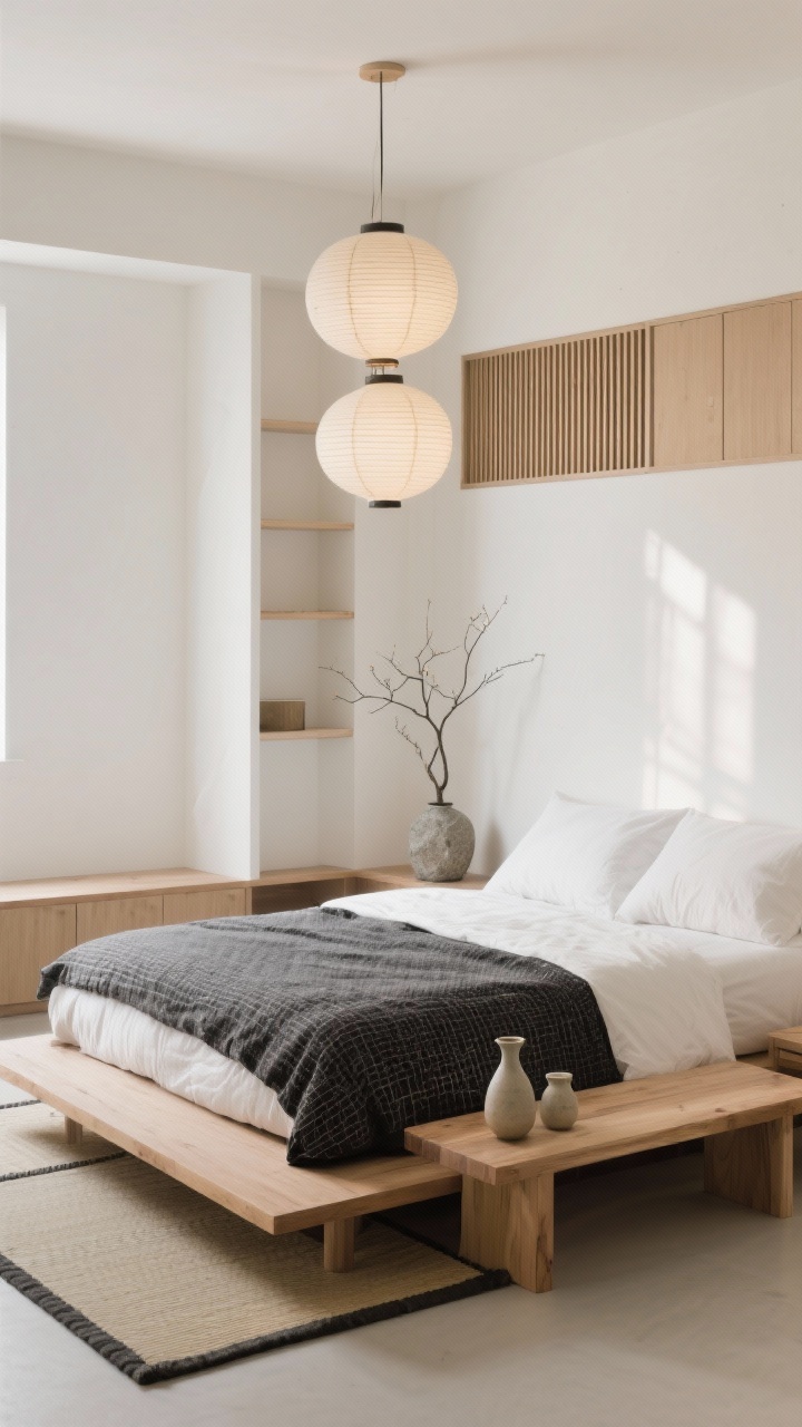 Wide, calm straight-on view: A serene Japandi minimalist guest room with warm white walls, a low-profile oak platform bed, monochrome duvet with subtle woven texture, paper lantern pendants overhead, a slatted wood bench at the foot, a ceramic carafe set on a simple night surface; a single branch in a stone vase, tatami-inspired rug, built-in shelves with closed storage; soft diffuse natural light, uncluttered and grounded, photorealistic.