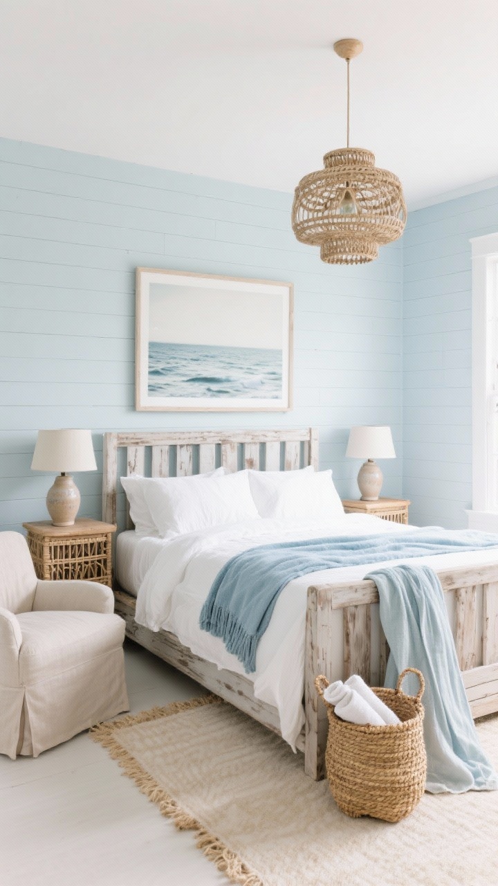 Wide coastal bedroom shot with pale blue walls and white beadboard, a weathered wood slatted bed, white bedding, and light denim-blue throws. Seagrass baskets by the bed, woven pendant overhead, hand-thrown ceramic lamps on cane-front nightstands, and a large ocean photograph in muted tones above the headboard. Include a slipcovered chair and a basket with rolled towels and a lightweight robe. Textures: linen, seagrass, washed wood, cotton. Bright, airy daylight.