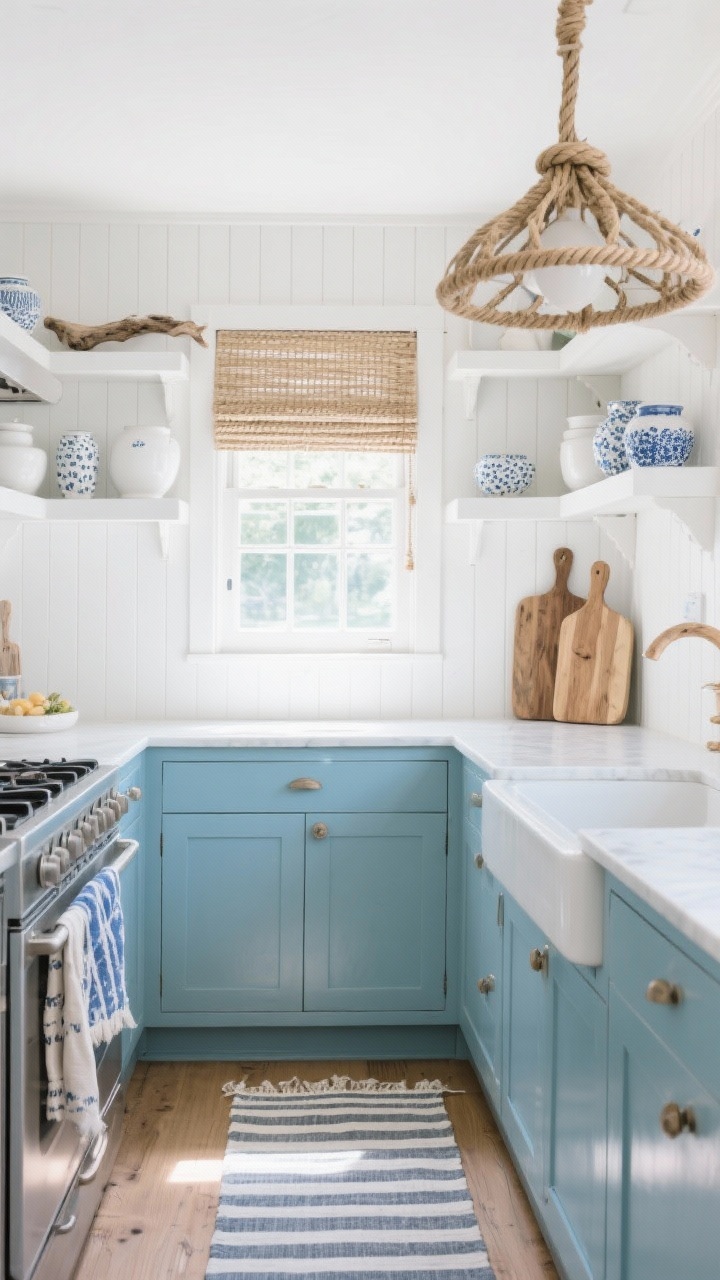 Wide coastal boho kitchen: lower cabinets painted sea-salt blue, white open upper shelves with white ceramics and a few blue-speckled pieces, white beadboard backsplash adding subtle stripes, woven Roman shade at the window, driftwood cutting boards leaned on the counter, rope-wrapped pendant overhead, striped cotton runner on the floor, breezy natural daylight, photorealistic.