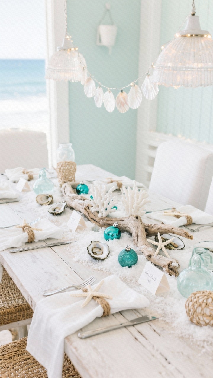 Wide coastal Noel dining setup: bleached wood table with white linen; centerpiece of driftwood, oyster shells, and blue-green ornaments nestled in faux snow; rope-tied napkins, shell place card holders; white starfish garland, capiz shell pendant lights or fairy lights casting soft shimmer; glass floats, woven seagrass textures, frosted coral decor; palette seafoam, sand, white, soft aqua; airy seaside brightness.