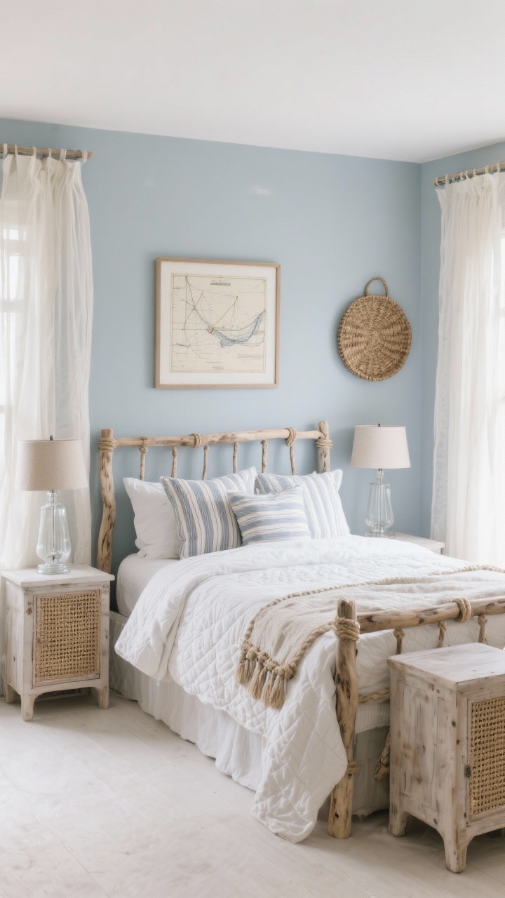 Wide coastal-rustic bedroom shot straight-on: driftwood bed frame, soft blue-gray walls reminiscent of sea mist; lightweight textiles—gauzy curtains fluttering, cotton quilts, striped ticking pillows, and subtle rope accents; bleached wood nightstands with cane fronts; glass-base lamps with linen shades; framed vintage nautical charts and a woven wall basket; gentle coastal daylight, airy and calm.
