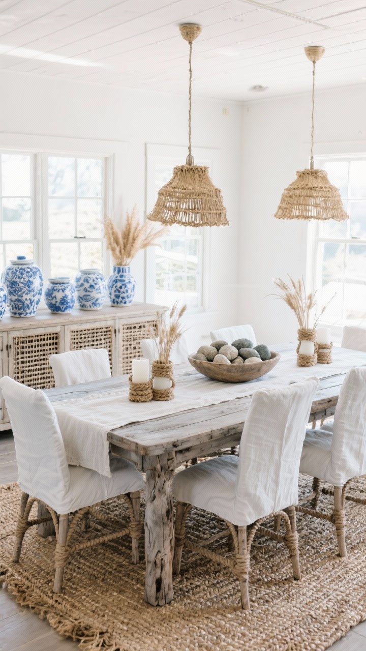 Wide coastal rustic dining room bathed in daylight: driftwood-finish table with white slipcovered chairs, layered woven textures including a seagrass rug, raffia pendant lights, cane-front buffet, blue-and-white pottery clustered on the buffet, a bowl of smooth beach stones centerpiece; decor includes rope-wrapped hurricanes, linen tablecloth, dried sea oats; palette sand, driftwood gray, crisp white, ocean blue; breezy, relaxed vibe.