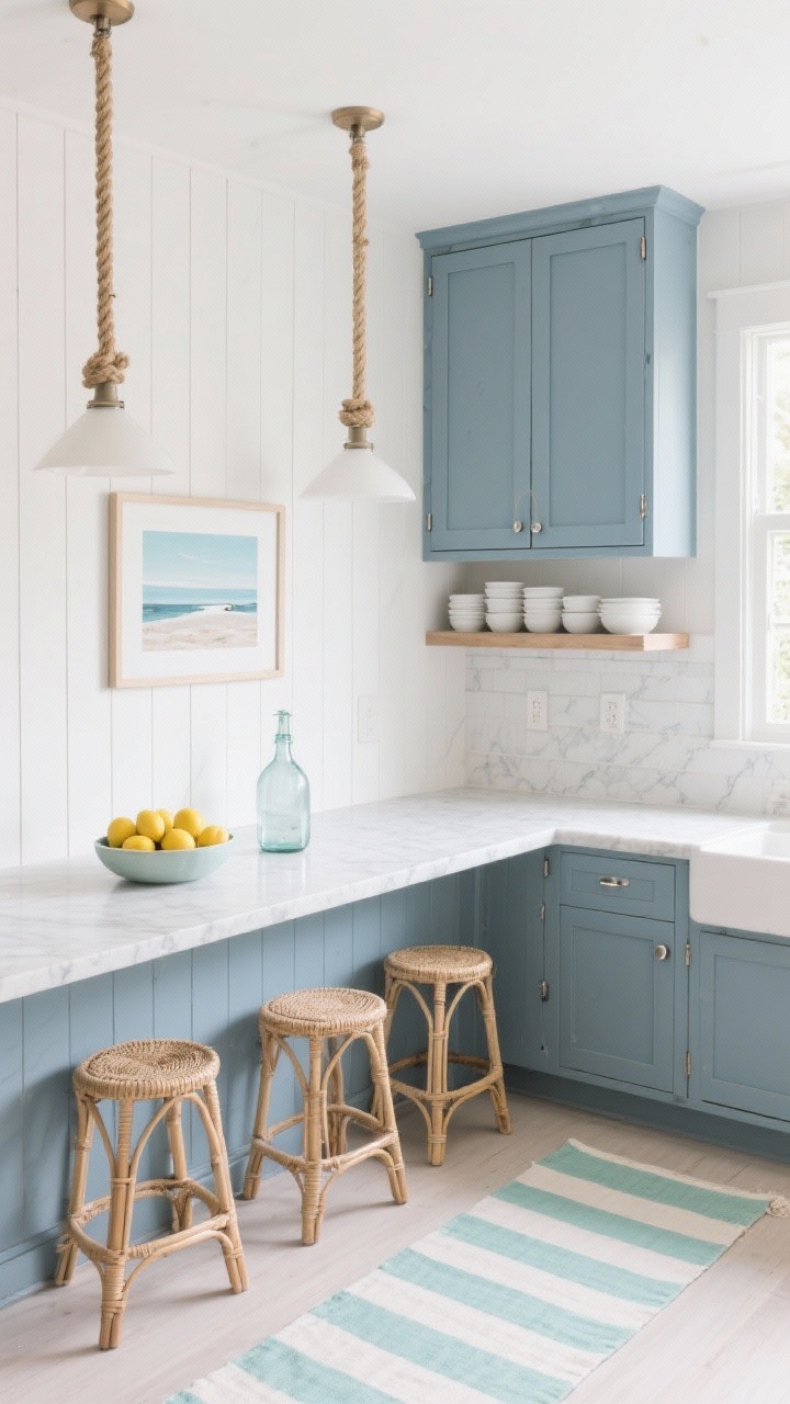 Wide coastal scene from corner: Blue-gray shaker cabinets, white quartz counter with faint veining, and vertical white shiplap backsplash. Rope-textured pendants over a slim peninsula with woven stools. A small striped runner in soft sea glass tones on pale flooring. Simple décor: a bowl of lemons, a glass bottle vase, and a small coastal print on the wall. Hardware in brushed nickel. Open shelf with neatly stacked white stoneware. Airy daylight, photorealistic.