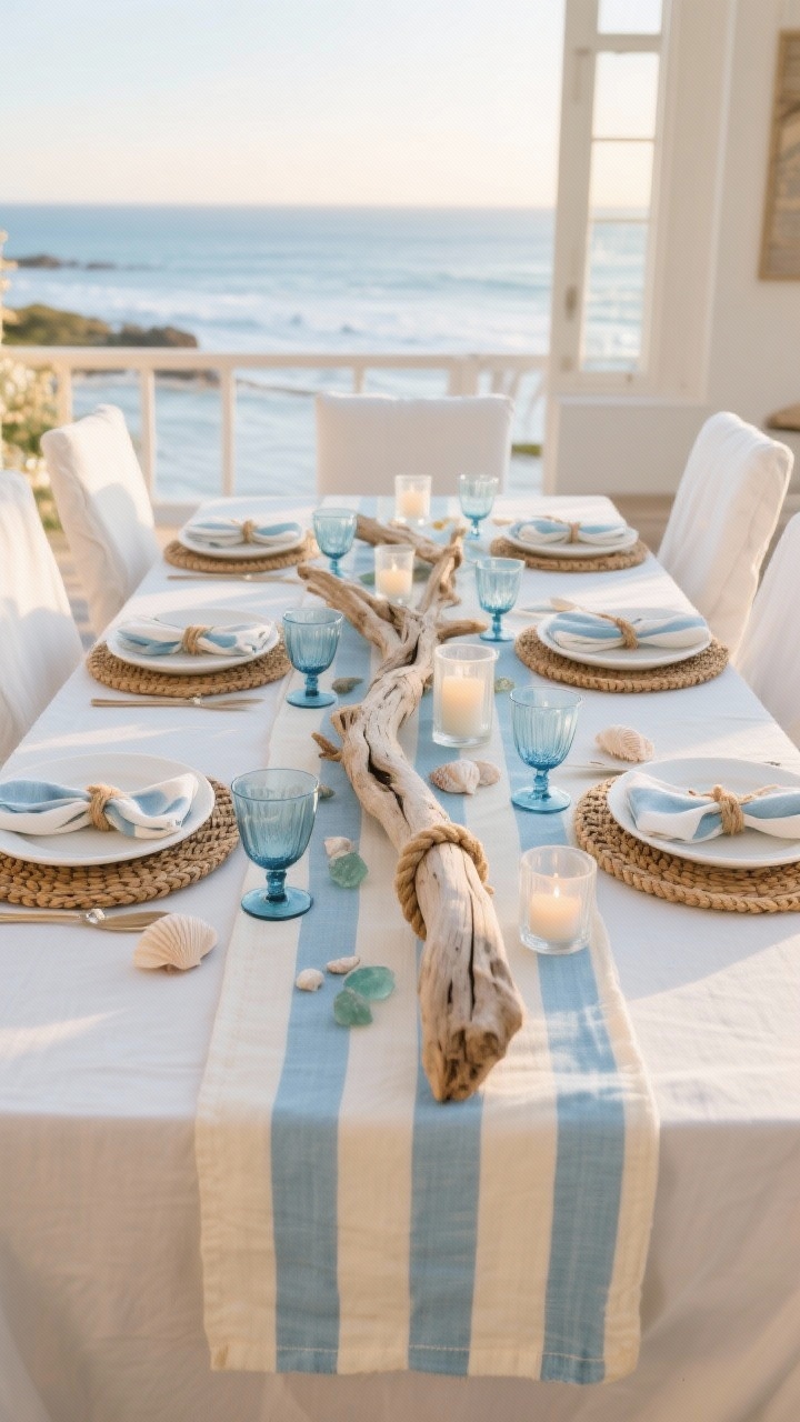 Wide coastal scene, straight-on: Soft blue-and-cream striped runner across a table. A sculptural piece of driftwood stretches as the centerpiece. White plates on woven rattan placemats, rope-tied napkins, and smoky blue glassware. Subtle shells and sea glass sprinkled sparingly. Votives in frosted glass glow; white slipcovered chairs with a relaxed fit surround. Palette: sea salt white, dune beige, sky blue. Golden-hour coastal light.