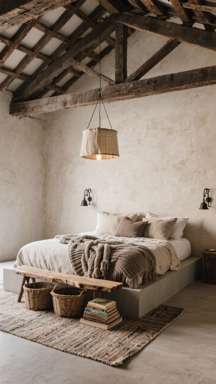Wide corner angle: Rustic beamed loft with exposed timber beams and rough plaster walls; low simple platform bed dressed in stone-washed linen bedding in oat and taupe, layered with chunky knit throws and oversized linen Euro pillows; wrought-iron sconces and a linen drum pendant casting warm, quiet light; flatweave rug; live-edge bench at the foot with baskets tucked beneath and a stack of vintage travel books on top; palette of oat, mushroom, charcoal; cozy loft atmosphere.